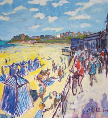 Painting titled "Cabines de Plage" by Michel Corbel, Original Artwork, Oil Mounted on Wood Stretcher frame