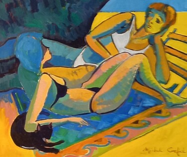 Peinture intitulée "Minette à La Plage" par Michel Corbel, Œuvre d'art originale, Huile