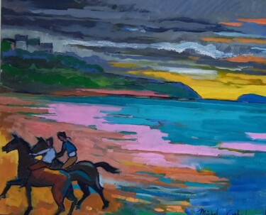 Pintura intitulada "Randonnée Equestre" por Michel Corbel, Obras de arte originais, Óleo