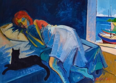 Painting titled "Lucie et le Chat" by Michel Corbel, Original Artwork, Oil