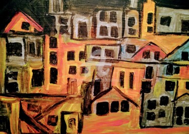 Peinture intitulée "Le village éclairé" par Tomy, Œuvre d'art originale, Acrylique