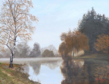Pintura intitulada "Brume sur l'étang T…" por Michel De Ruyck, Obras de arte originais, Óleo