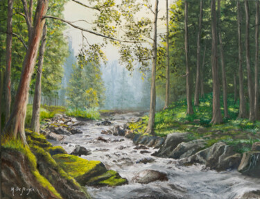 Painting titled "Torrent en forêt n°2" by Michel De Ruyck, Original Artwork, Oil