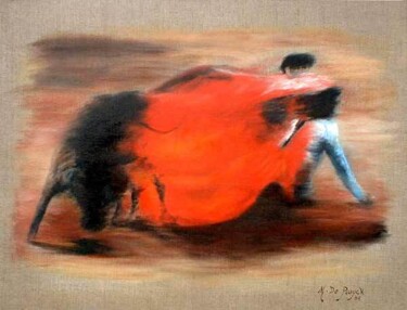 Pittura intitolato "course de taureau" da Michel De Ruyck, Opera d'arte originale, Olio
