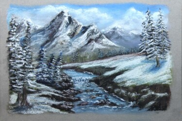 Painting titled "neige-a-la-montagne" by Michel De Ruyck, Original Artwork, Pastel Mounted on Wood Panel