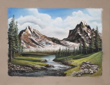 Peinture intitulée "Montagne et rivière" par Michel De Ruyck, Œuvre d'art originale, Pastel Monté sur Panneau de bois