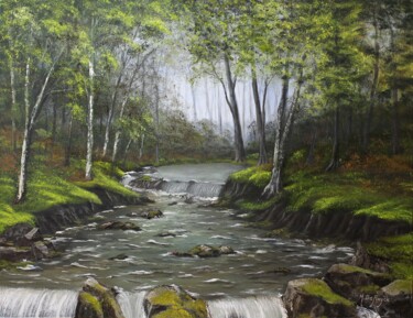 Peinture intitulée "torrent en forêt" par Michel De Ruyck, Œuvre d'art originale, Huile
