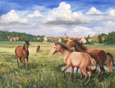 Peinture intitulée "Les chevaux d'Herbe…" par Michel De Ruyck, Œuvre d'art originale, Huile