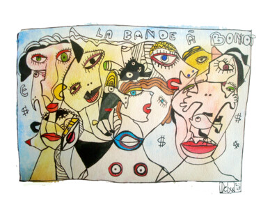 Painting titled "La bande à Bonnot" by Michel Delvingt, Original Artwork, Watercolor