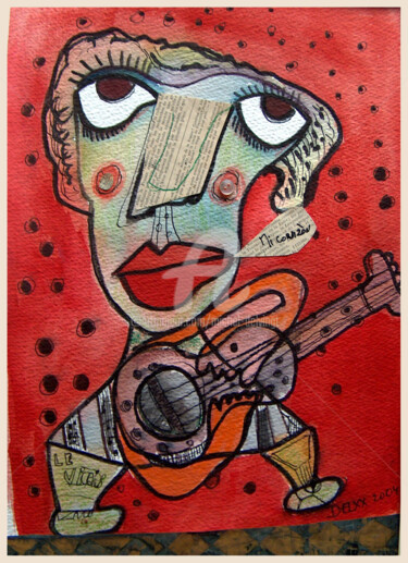 Painting titled "Le guitariste" by Michel Delvingt, Original Artwork, Watercolor Mounted on Wood Stretcher frame
