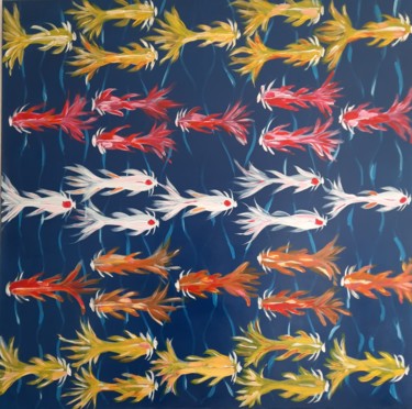 Painting titled "Poissons.... volent" by Michel Des Mazots, Original Artwork, Acrylic Mounted on Wood Stretcher frame