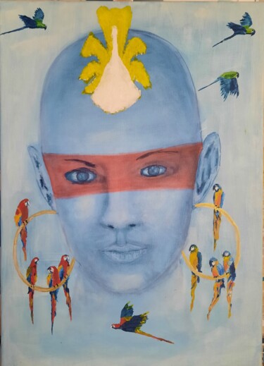 Painting titled "La femme aux perroq…" by Michel Des Mazots, Original Artwork, Acrylic