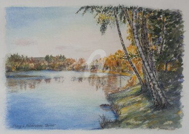 Painting titled "Etang à Pulvérières…" by Michel Desmas, Original Artwork, Watercolor