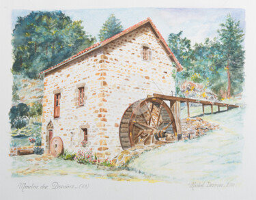 Painting titled "Moulin des Desniers" by Michel Desmas, Original Artwork, Watercolor