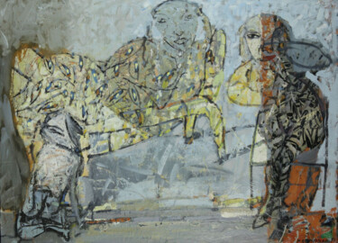 Pittura intitolato ""Le chien et les de…" da Michel Gemignani, Opera d'arte originale, Olio Montato su Telaio per barella in…