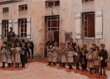 Disegno intitolato "Ramassage-scolaire-…" da Michel Guillet, Opera d'arte originale, Pastello