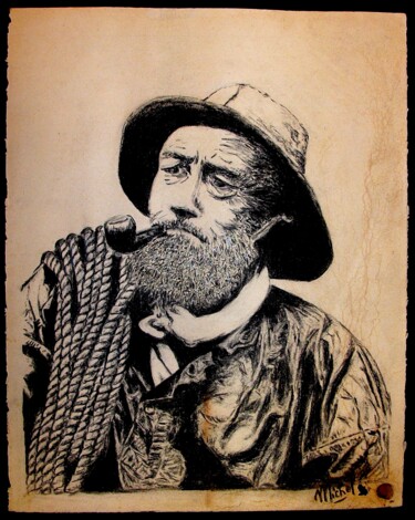 Dessin intitulée "Le vieux pêcheur" par Michel Guillet, Œuvre d'art originale, Fusain