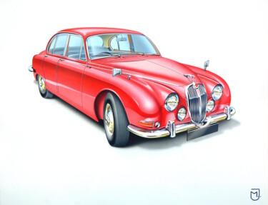Painting titled "Jaguar car red" by Michel Jegerlehner, Original Artwork, Airbrush