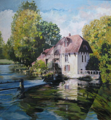Painting titled "Moulin de fourges" by Michel Lacroix, Original Artwork, Oil Mounted on Wood Stretcher frame