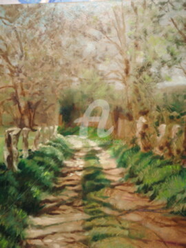 Painting titled "Chemin de Noirlac" by Michel Lacroix, Original Artwork, Oil Mounted on Other rigid panel