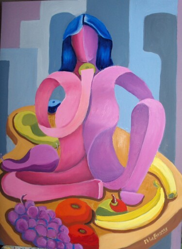 Painting titled "femme aux fruits" by Michel Lefresne, Original Artwork, Oil Mounted on Wood Stretcher frame