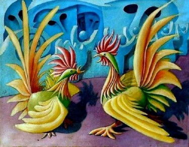 Peinture intitulée "Combat de coq (Méda…" par Michel Littée, Œuvre d'art originale