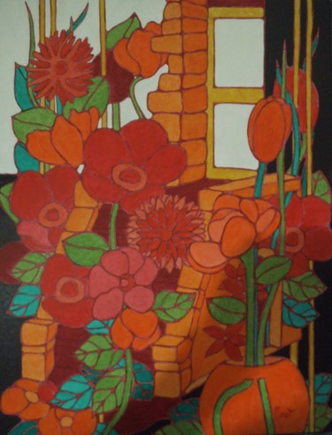 Painting titled "Accueil aux fleurs." by Michel Marant, Original Artwork, Acrylic