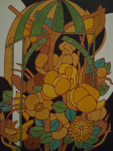 Peinture intitulée "la cage fleurie" par Michel Marant, Œuvre d'art originale, Acrylique