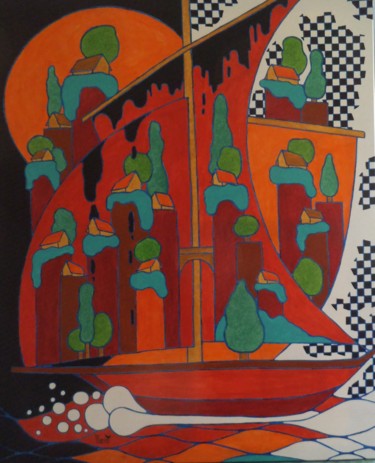 Painting titled "Le bateau rouge" by Michel Marant, Original Artwork, Acrylic