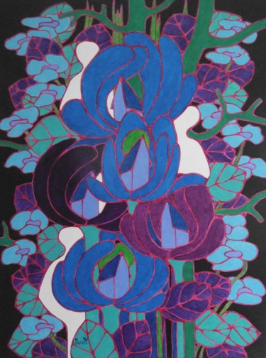 Malerei mit dem Titel "Maisons fleurs" von Michel Marant, Original-Kunstwerk, Acryl