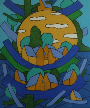 Peinture intitulée "Village et soleil" par Michel Marant, Œuvre d'art originale, Acrylique