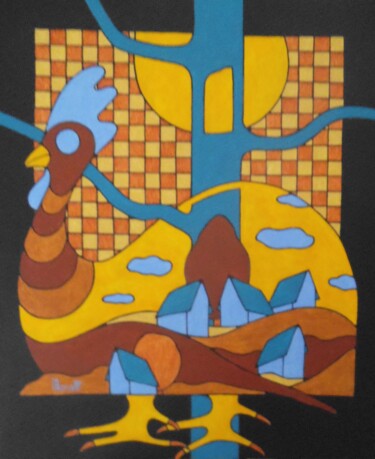 Pintura titulada "Gallinacé du village" por Michel Marant, Obra de arte original, Acrílico Montado en Bastidor de camilla de…