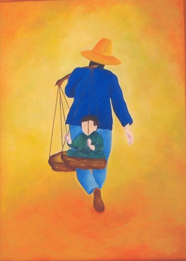 Painting titled "LE PAYSAN VIETNAMIEN" by Michel Masmejean, Original Artwork, Oil Mounted on Wood Stretcher frame