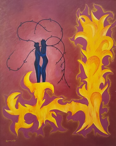 Painting titled "LE COUPLE" by Michel Masmejean, Original Artwork, Oil Mounted on Wood Panel