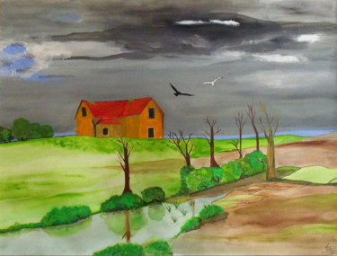 Pittura intitolato "Soir d'orage." da Michel Mercier (Mike), Opera d'arte originale, Gouache