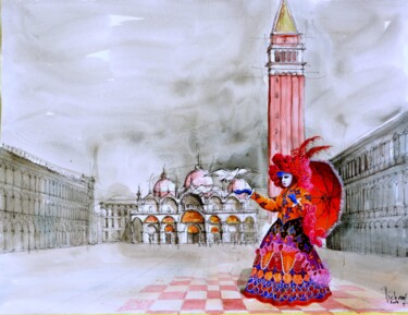 Painting titled "CARNAVAL A VENISE" by Michel Michaux, Original Artwork, Watercolor