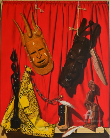 Schilderij getiteld "Afrika" door Michel Millet, Origineel Kunstwerk, Olie Gemonteerd op Frame voor houten brancard