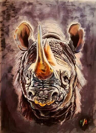 Drawing titled "le rino" by Michel Moreau, Original Artwork, Pastel Mounted on artwork_cat.