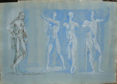 Drawing titled "QUATRE HOMMES VIRILS" by Michel Moskovtchenko, Original Artwork, Ink