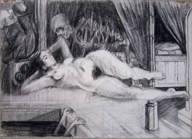 Disegno intitolato "LA SIESTE" da Michel Moskovtchenko, Opera d'arte originale, Carbone