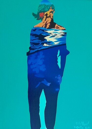 Schilderij getiteld "homme mer" door Michel Pezeril, Origineel Kunstwerk, Olie Gemonteerd op Frame voor houten brancard