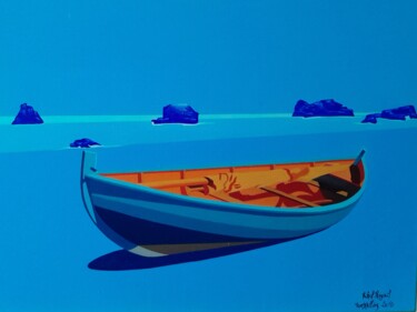 Painting titled "barque bleue" by Michel Pezeril, Original Artwork, Oil Mounted on Wood Stretcher frame