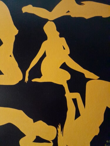 Malerei mit dem Titel "femmes jaunes sur f…" von Michel Pezeril, Original-Kunstwerk, Öl Auf Keilrahmen aus Holz montiert