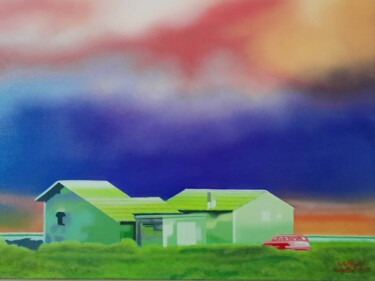 Painting titled "Cabanes , étang de…" by Michel Pezeril, Original Artwork, Oil Mounted on Wood Stretcher frame