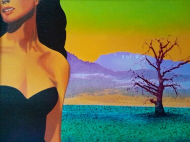 Schilderij getiteld "La femme et l'arbre" door Michel Pezeril, Origineel Kunstwerk, Olie Gemonteerd op Frame voor houten bra…