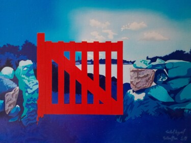 Malarstwo zatytułowany „Barrière rouge” autorstwa Michel Pezeril, Oryginalna praca, Olej Zamontowany na Drewniana rama noszy