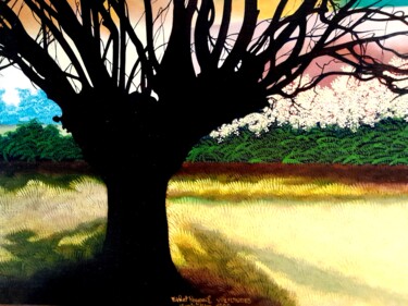 Painting titled "l'arbre noir" by Michel Pezeril, Original Artwork, Oil Mounted on Wood Stretcher frame