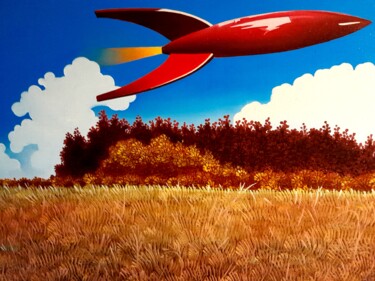 Peinture intitulée "Fusée rouge" par Michel Pezeril, Œuvre d'art originale, Huile Monté sur Châssis en bois