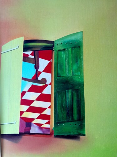 Painting titled "Maison damier" by Michel Pezeril, Original Artwork, Oil Mounted on Wood Stretcher frame