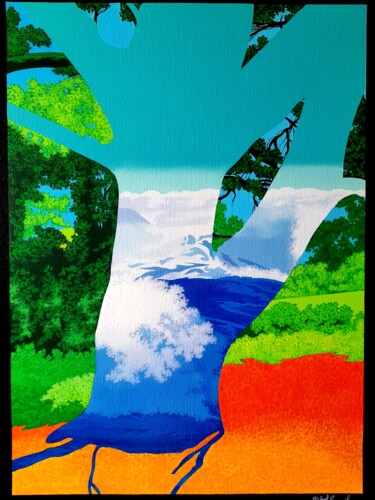 Pintura titulada "tempête dans un pin…" por Michel Pezeril, Obra de arte original, Oleo Montado en Bastidor de camilla de ma…
